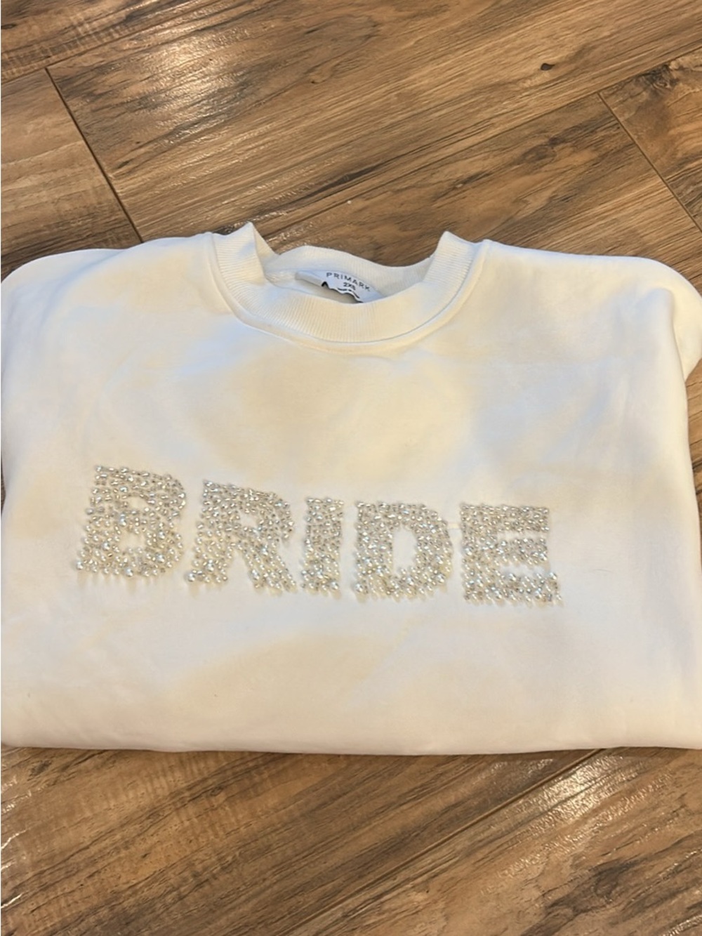 Primark White Crewneck Sweatshirt with Pearl & Rhinestone BRIDE Detail